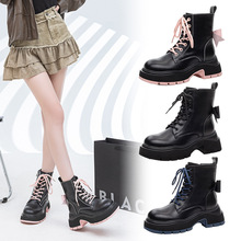 2025秋冬季新款蝴蝶结松糕粗跟靴英伦厚底马丁靴女靴黑色短靴女