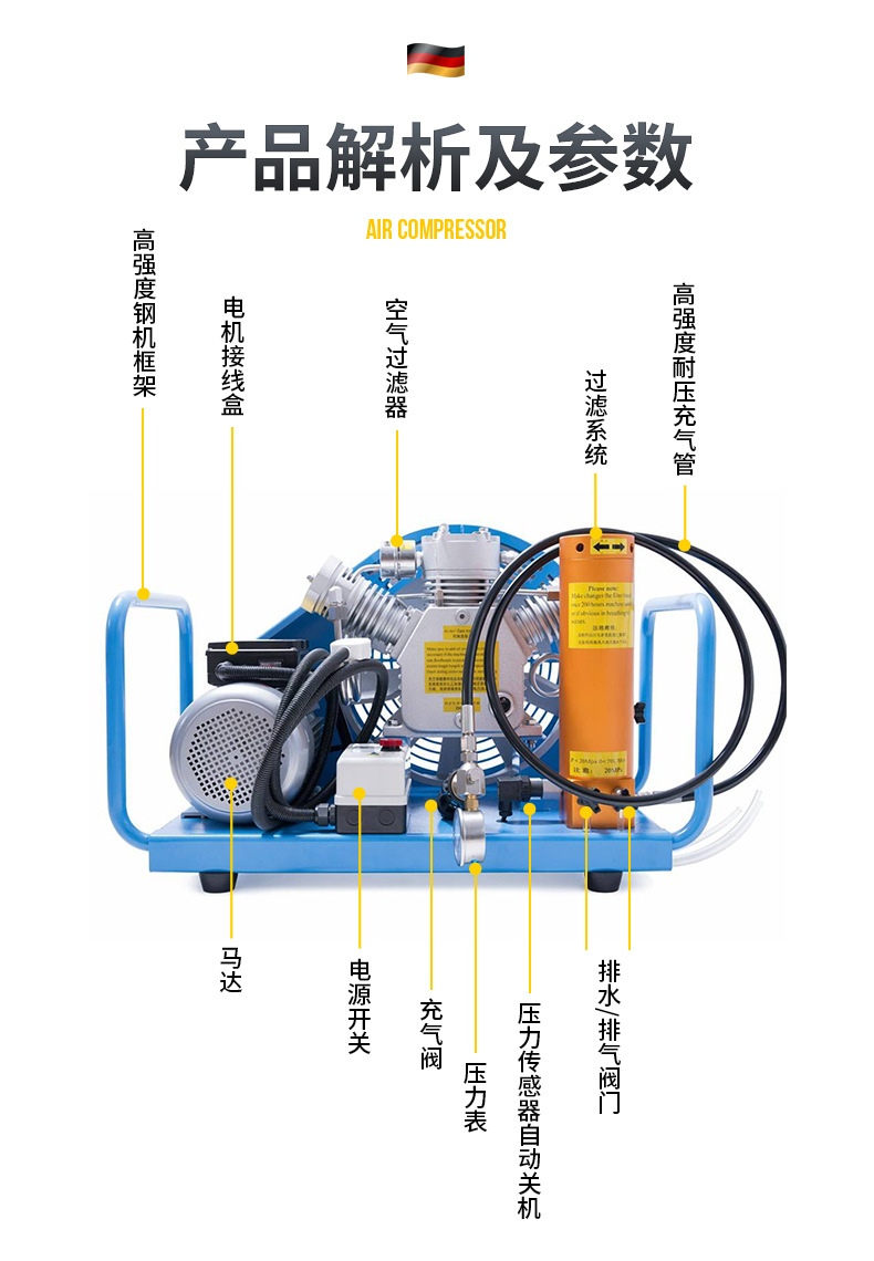 Tahu 3-stage breathing air compressor 140L automatic shutdown drainage high-pressure fire-fighting diving air cylinder filling pump 30MPa
