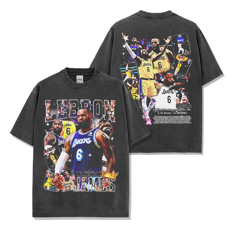 Cross-border American LeBron LeBron James Printed Washed Short-sleeved T-shirt Loose Crewneck Hooded Sweatshirt for Men