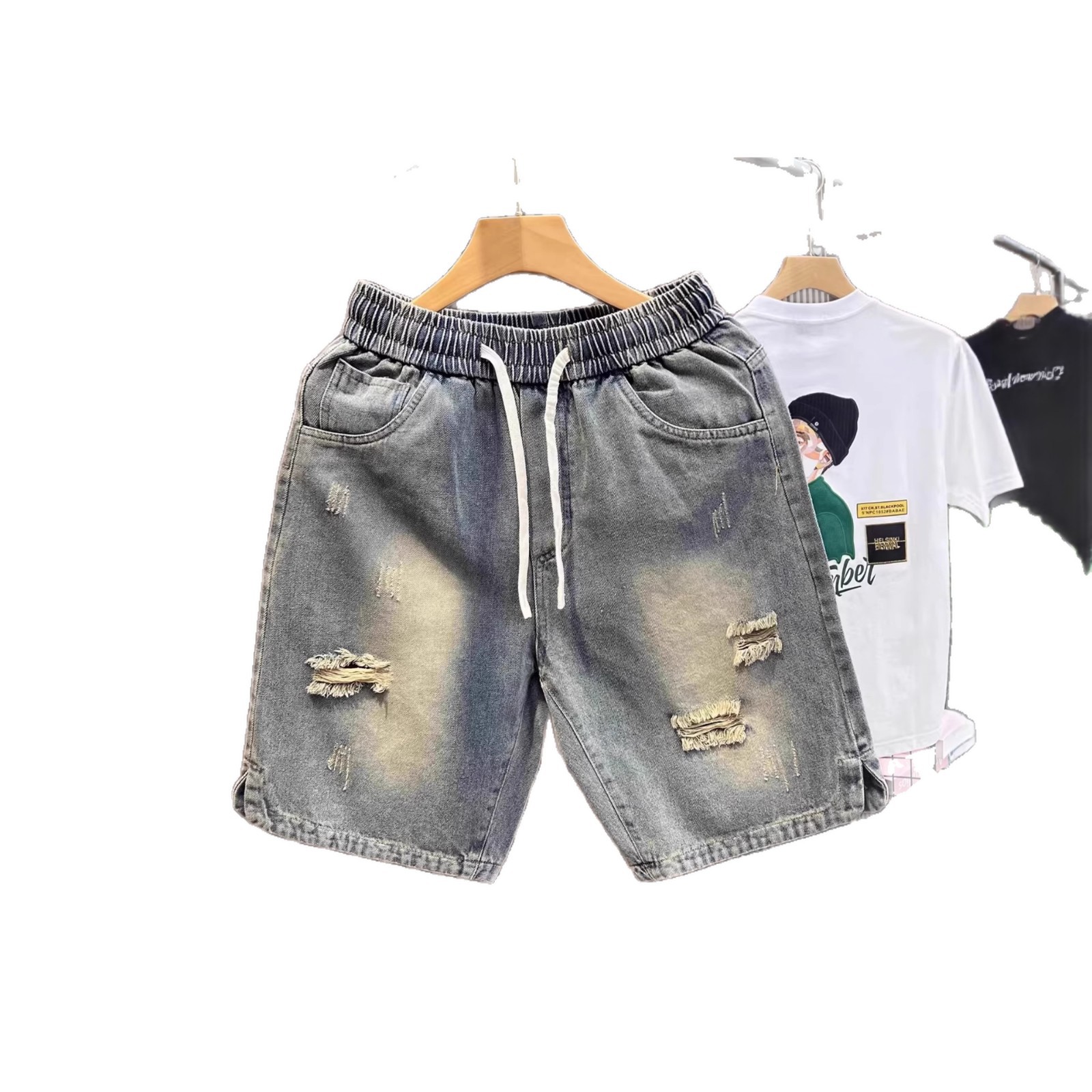 Lässige Herren-Retro-Jeansshorts im Used-Look – Trendiger Sommerstil, dünn, luftig, locker geschnitten, figurformend, Five Point Hose_voghion.com