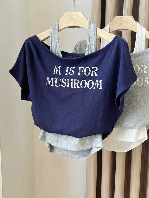 アメリカンレトロレタープリント半袖Tシャツレディース夏新作プリーツウエストフェイクツーピースホルターネックオフショルダートップ|undefined