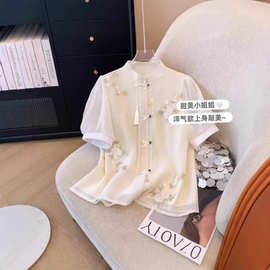 超大码300斤新中式国风盘扣衬衫女夏新款高级感绣花短袖衬衣上衣