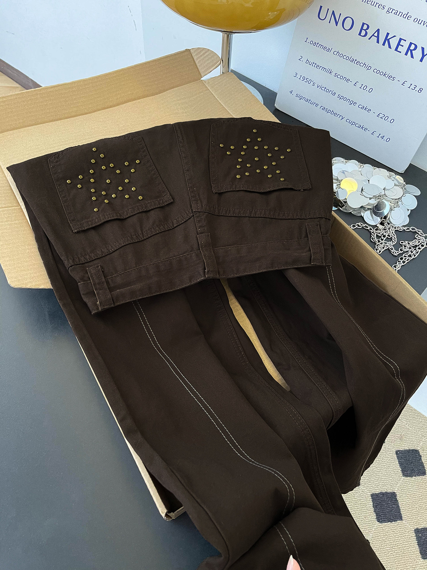 Women's High-Waisted Slimming Wide Leg Trousers Brown Rhinestone Patchwork Casual Denim Jeans Pocket Detail Retro American Style Spring Fashion_ecoleips.com