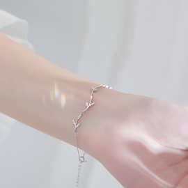 新哲美 森系文艺小清新S925纯银手链女 树枝叶芽学生闺蜜手饰品