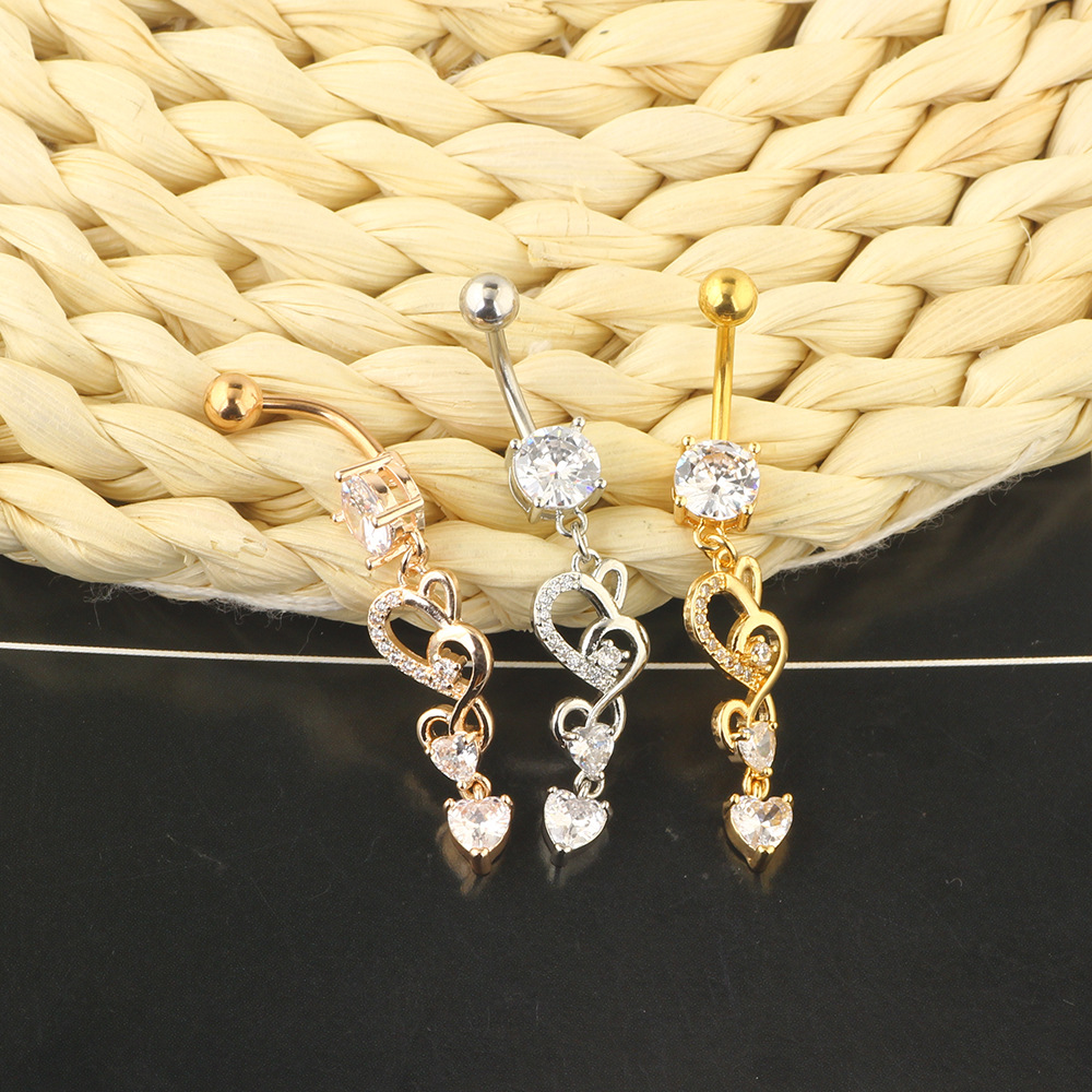 Double Heart Long Zircon Belly Button Ring Navel Piercing Jewelry Rose Gold detail image 9