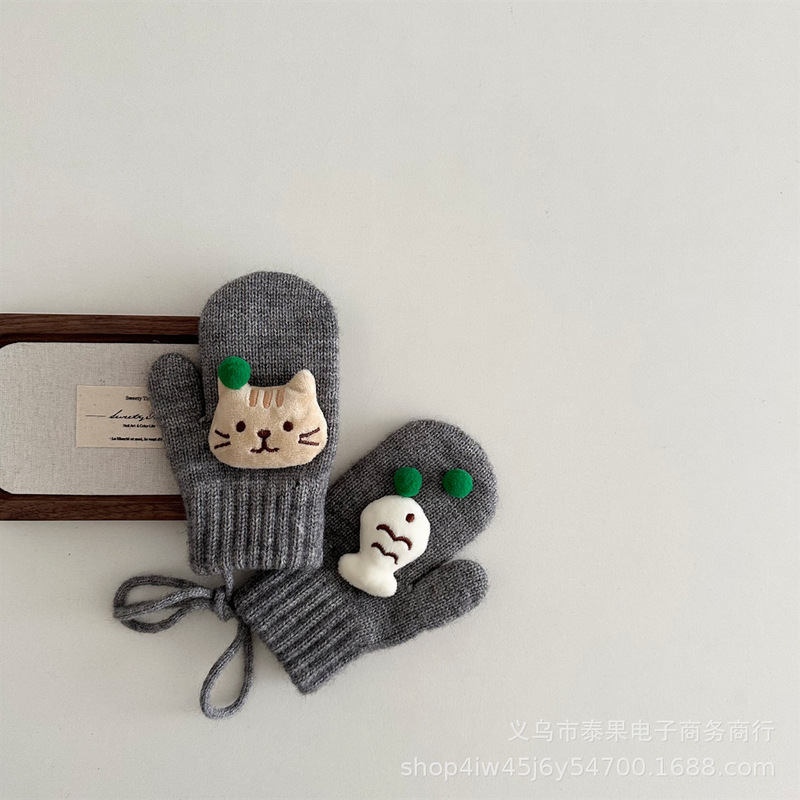 韩版宝宝卡通玩偶新款纯色包头连指手套冬季保暖幼童挂脖针织手套|undefined