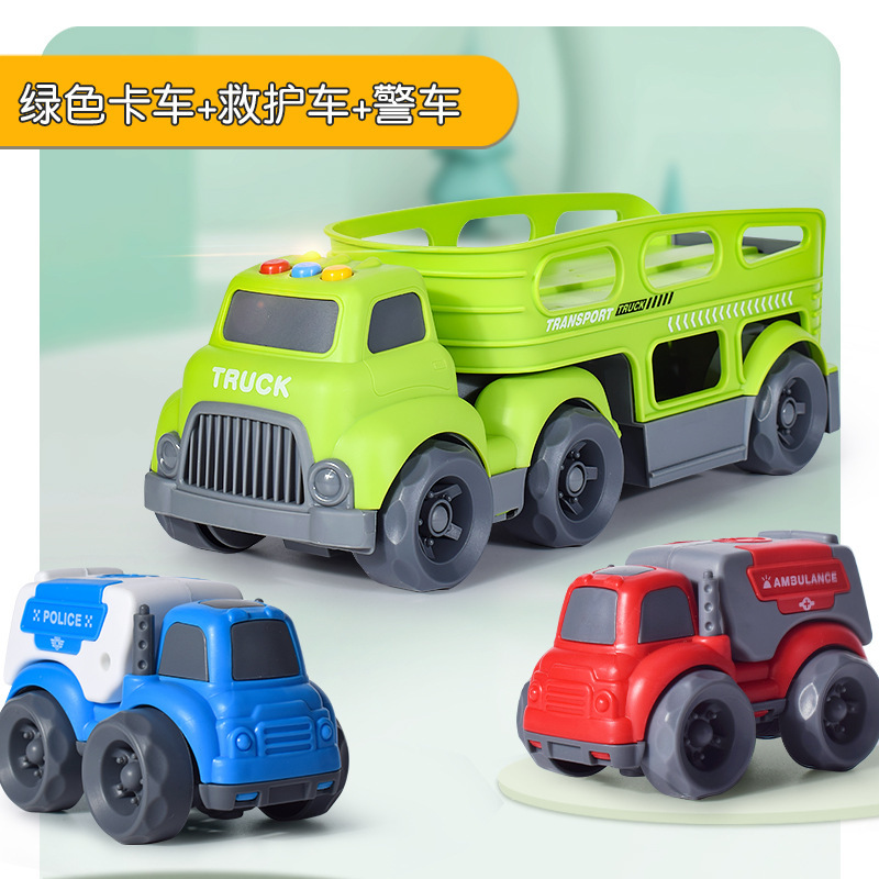 Green truck, police car, ambulance, stand, English