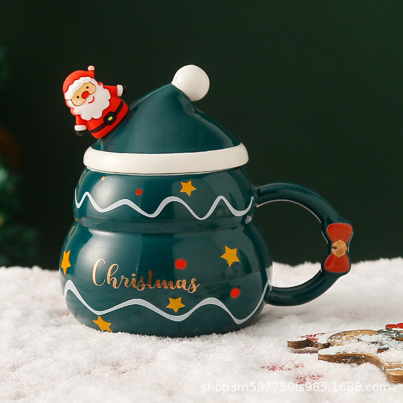 Taza de cerámica de Navidad creativa con tapa cuchara nuevo transfronterizo de dibujos animados de Santa Claus taza de agua taza de regalo caja de regalo