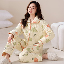 睡衣女款秋冬季纯棉夹层空气棉长袖开衫简约秋冬款夹棉家居服套装