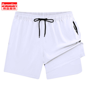 Factory direct men's swimming trunks quick-drying elastic beach pants zipper bag two-in-one anti-embarrassment lined loose shorts