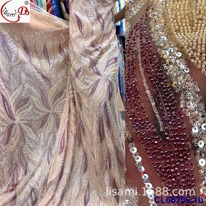 Vestido de boda francés bordado full sequined cuentas tejido de encaje bridal sequins lace fabric