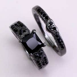 欧美奢华饰品套戒镀枪黑戒环微镶黑锆石指环爱心形情侣两件套戒指