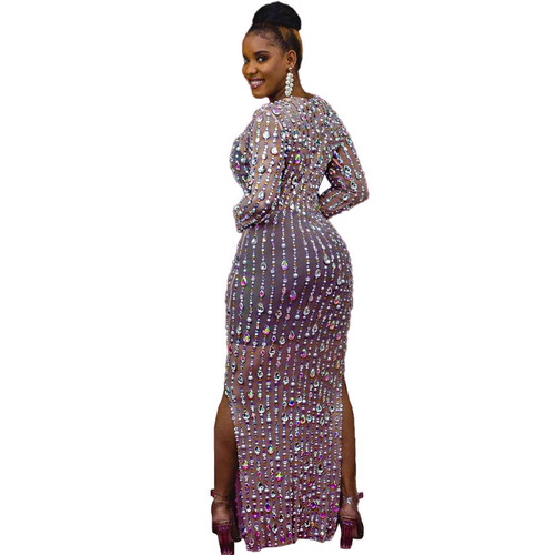 Women jazz dance long bling dresses clubwear bar stage performance singers Long-sleeved tight-fitting mesh dress rhinestones nightclub one-piece dress