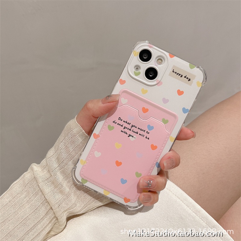 卡包彩色爱心适用iPhone15卡通14promax12手机壳苹果13挂绳11防摔