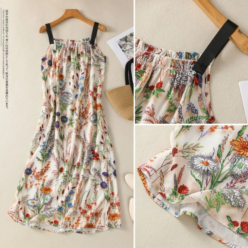 2025 новый летний стиль ретро литературный цветочный миди свободный повседневный платье-подтяжка для женщин с эффектом стройности и скрытия живота