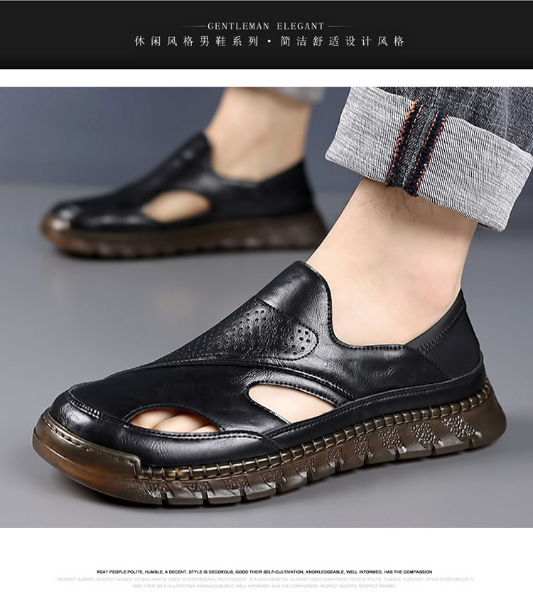 Dép sandal da nam mùa hè khoét lỗ thoáng khí đế dày chống trượt kiểu bít mũi — Màu nâu, màu vàng, màu đen chi tiết 14