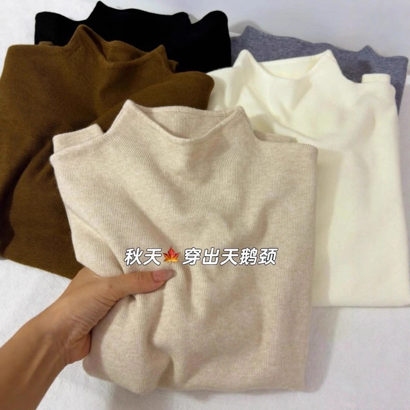 [Cashmere Family] Women's Knitted Pullover Sweater with Half Turtleneck, Slim Fit, Elegant Base Layer, Thickened