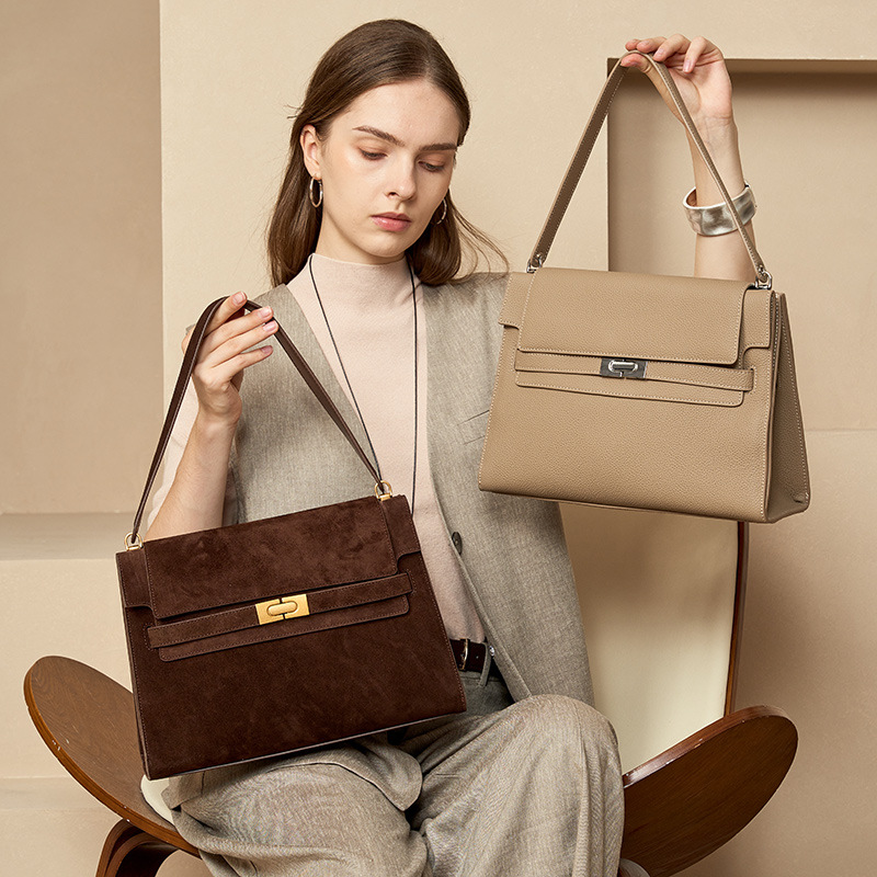 Luxury Genuine Leather Underarm Bag For Women Retro Suede Cowhide Commuter High-End Large Capacity Shoulder Tote Bag - Thumbnail 3
