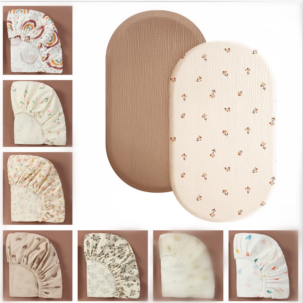 Cross-Border Wrinkled Baby Cotton Gauze Fitted Sheet Solid Color Crib Full-Cover Bedspread Double-Layer Cotton Gauze Breathable Bed Sheet Removable