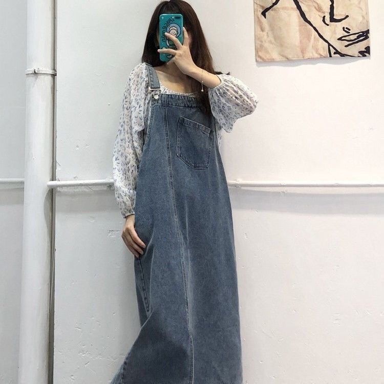 盐系不规则开叉牛仔背带裙女春秋新款复古宽松显瘦长款吊带连衣裙|undefined