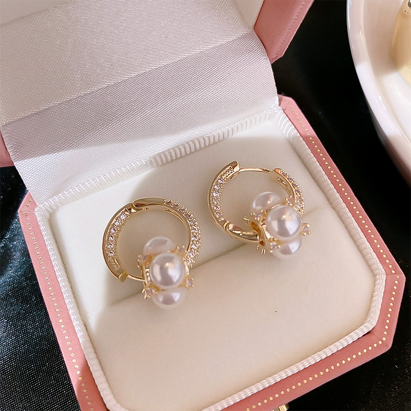 Sweet Round Heart Shape Bow Knot Copper Plating Inlay Pearl Zircon Drop Earrings 1 Pair