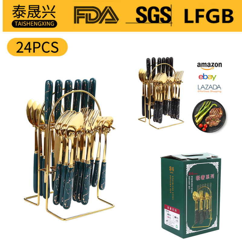 Amazon Tik Tok popular Luz de lujo de cerámica manejar cuatro piezas principales vajilla de acero inoxidable 24 piezas traje de cuchillos, tenedores y cucharas