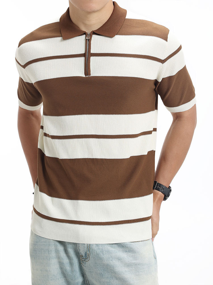 Lujo ligero viejo estilo de dinero para hombres a rayas de punto polo de seda de hielo para hombres mangas cortas de negocios casual solapa de alta calidad ropa de hombre
