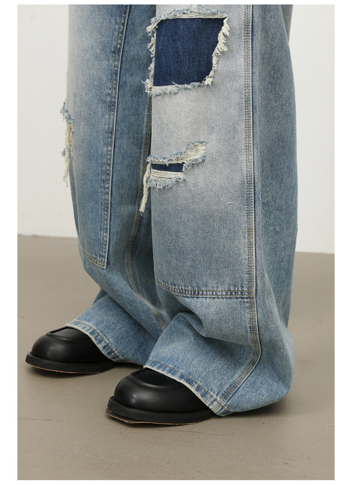 Quần jeans nam dáng rộng ống đứng phong cách Mỹ, wash xước rách phối vải — màu xanh chi tiết 14
