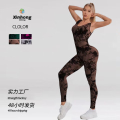 歐美跨境扎染瑜伽連體衣無縫長款健身套裝鏤空美背緊身連體瑜伽服