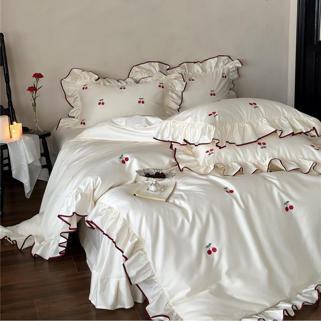 Fresh and Simple Cherry Embroidery Ruffle Lace Bedding Set Four Seasons Skin-Friendly Pure Cotton Long-Staple Cotton Four-Piece Home Textile Set