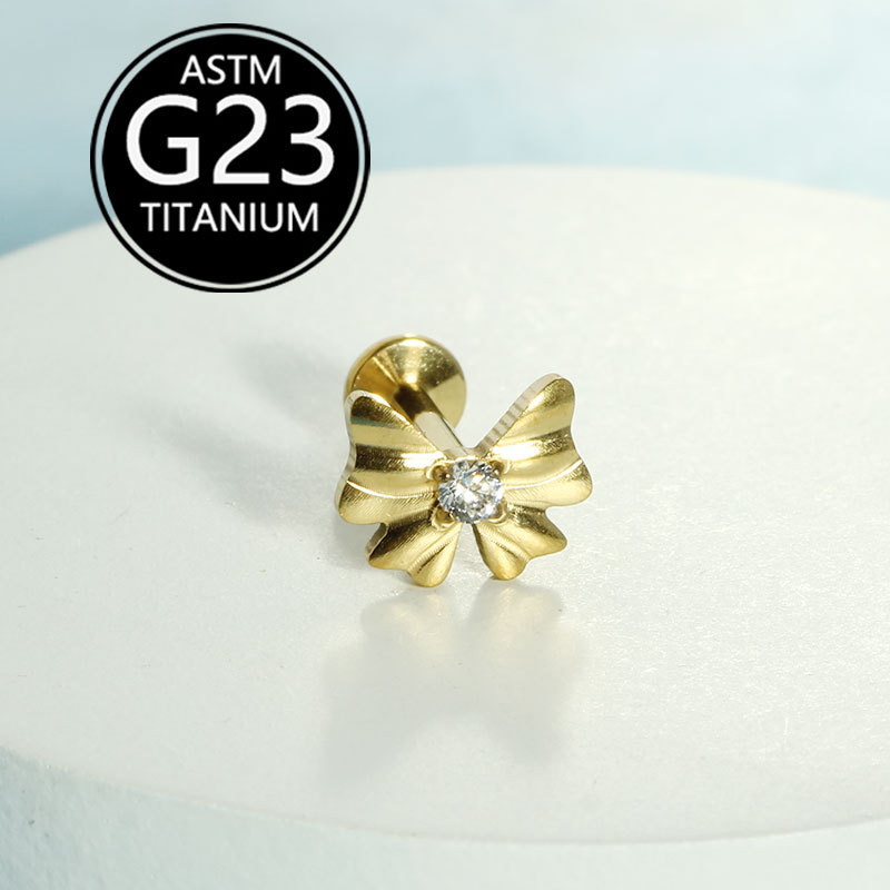 F136 Titanium Alloy Bowknot Lip Stud 16G Internal Thread Ear Bone Stud G23 Titanium Piercing Jewelry detail image 7