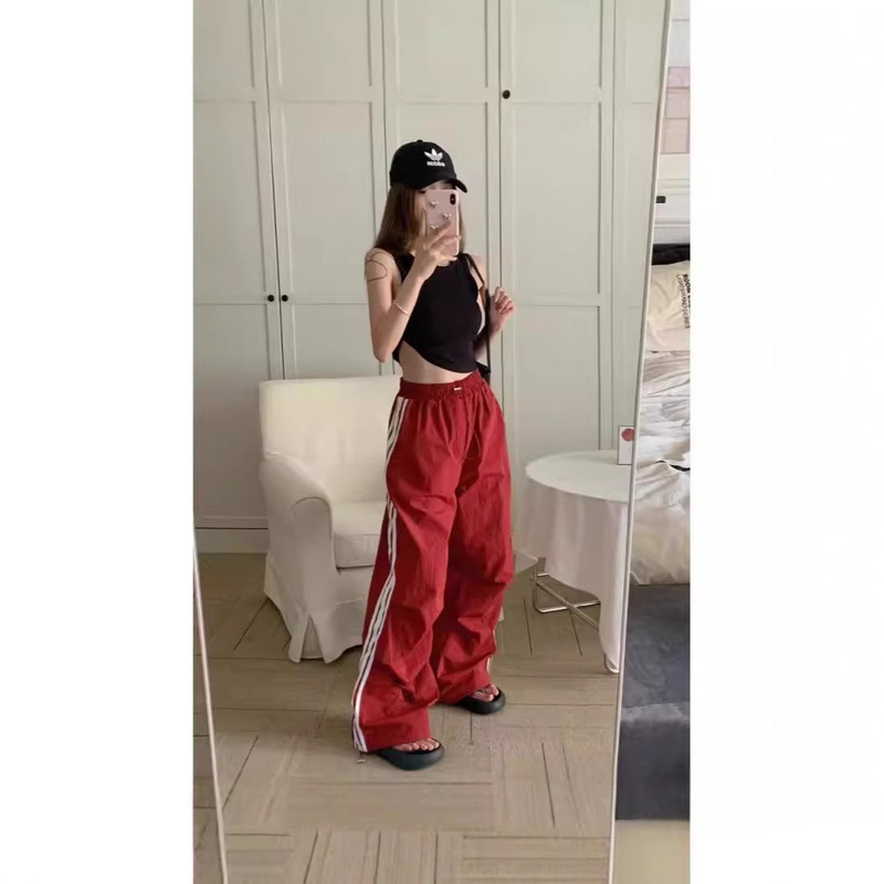 Striped three-bar stitching tug cool casual retro casual overalls autumn high waist sports wide leg pants pants cross-border