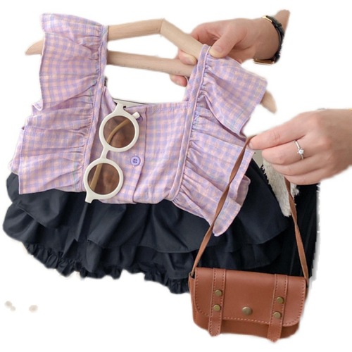 Women's Child Grid Sleeveless Ins Style Trendy Set Children's Set Korean Version Stylish Top Summer Set Two-Piece Thin