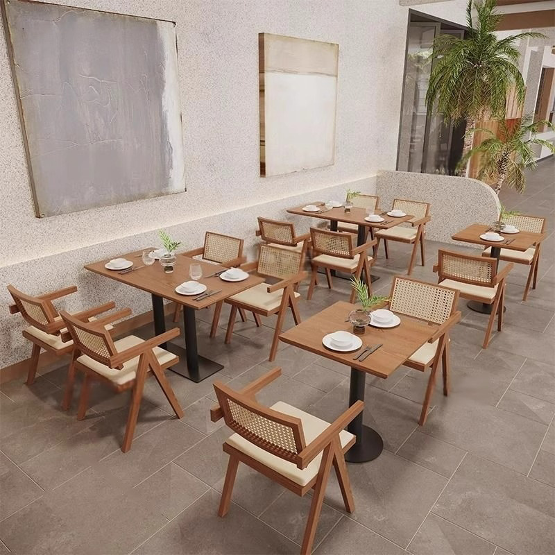实木藤编餐桌椅咖啡厅甜品奶茶店休闲洽谈桌椅主题餐厅侘寂风椅子|undefined