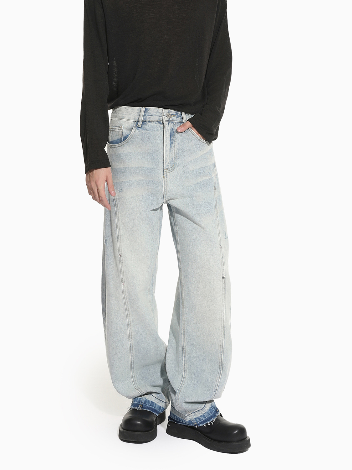 MTLCLOTHES Hombres| Nicho de deconstrucción diseño de empalme sensación de piernas anchas claras manivela rectas jeans de moda