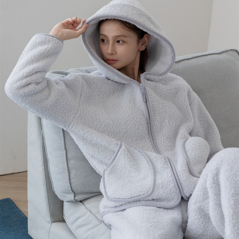 Teddy Velvet Pure Color Home Wear Women's Cardigan Hooded Zipper Suit Can Be Worn Outside, Comfortable and Warm Thickeneded Lapel Pajamas