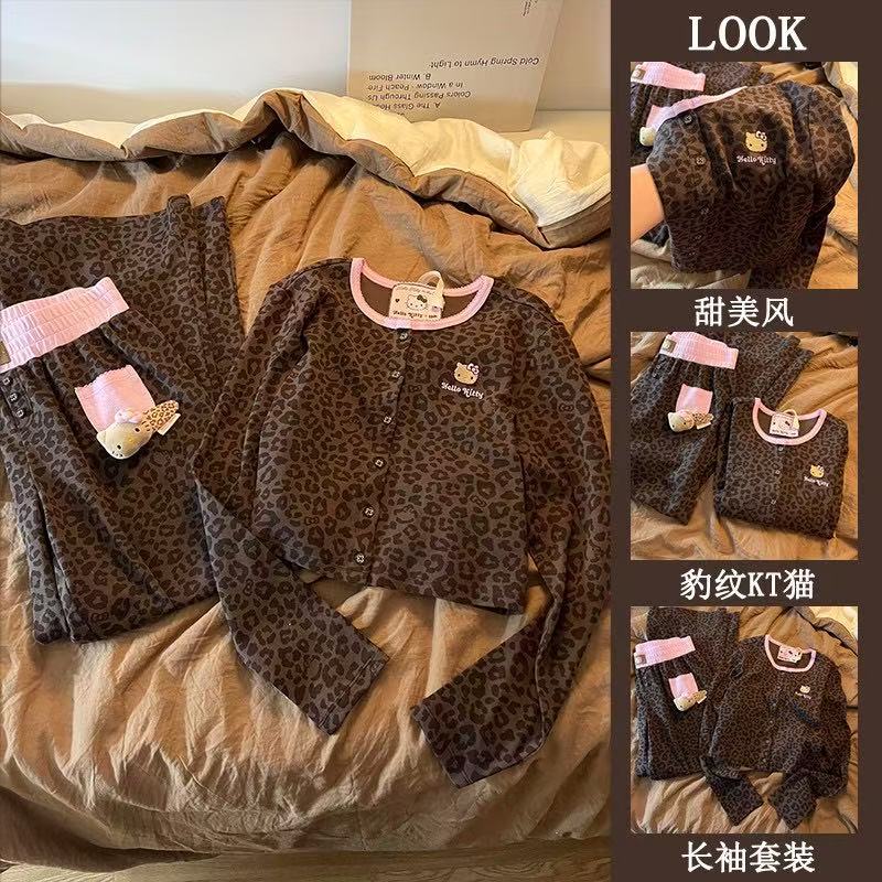 Leopard Print Kt Fur Embroidered Long-Sleeved Pajamas for Women in Spring and Autum Sweet Korean Style Students Slimming Look Can Be Worn Outside Home Clothes Set