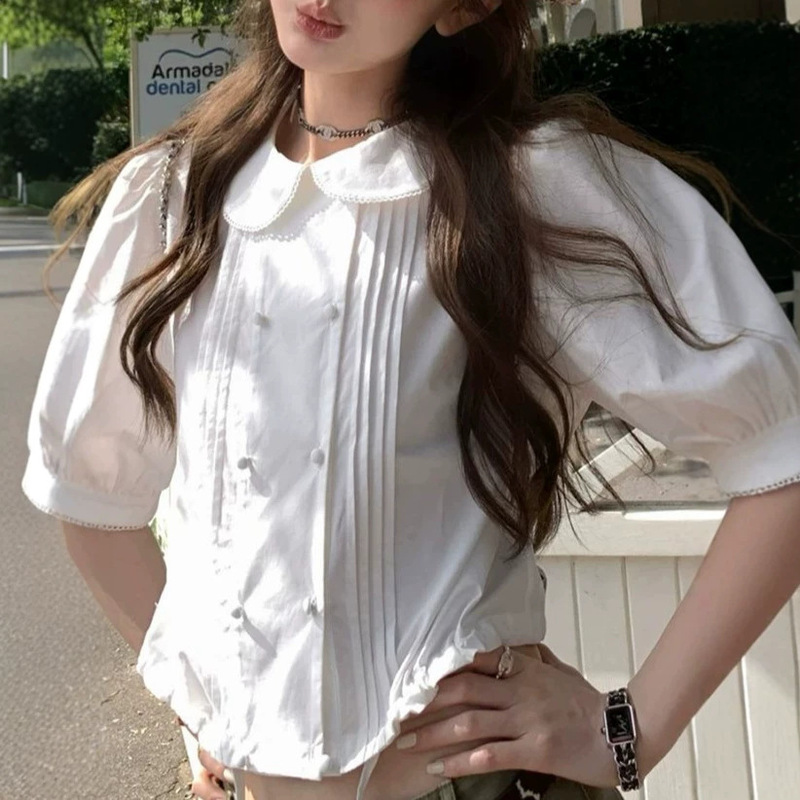 Aaaaxbb Panama Rose Mid-Sleeve Doll Collar White Shirt with Lace Front and Puff Sleeves for Women