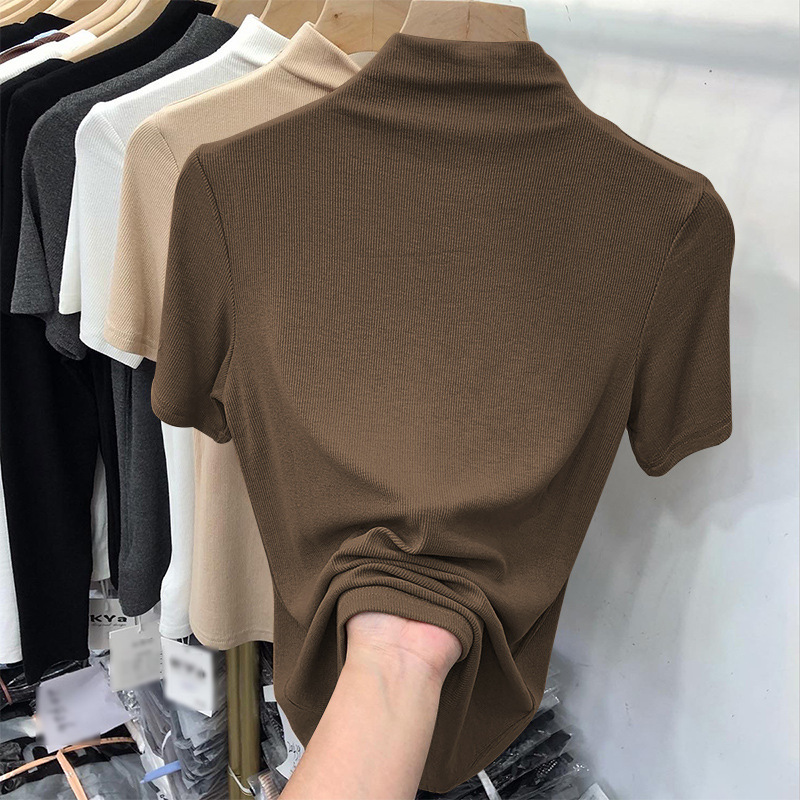 European Style Half-High Collar Ribbed Versatile Short-Sleeve T-Shirt for Women, 2026 Summer New Style, Suitable for Wearing under a Suit, Trendy Top