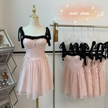 梦境芭蕾/夏季新款重工珍珠镶边粉色绑带连衣裙
