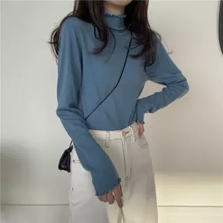 木耳边半高领纯色打底衫女秋季内搭洋气针织衫2026年新款长袖上衣