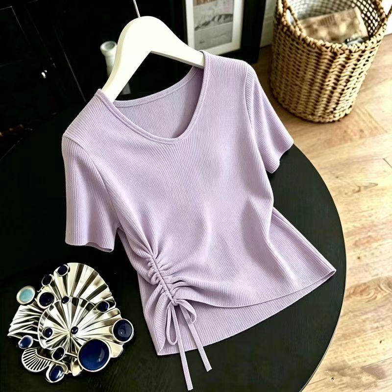 Áo thun nữ tay ngắn dây rút bất đối xứng phong cách Hàn Quốc form rộng — tím hoa cà chi tiết 2