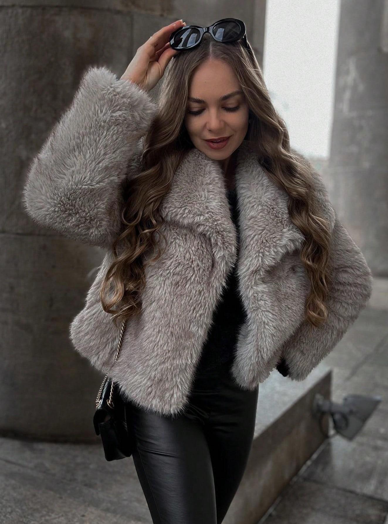 1743g Weight Faux Fur Coat Outerwear Type Long Sleeve Sleeve Length Polyester Fabric Type Regular Top Length Coat Tops Type Daily Occasion Turndown Neckline Loose Fit Type Solid Color Pattern Winter, Spring, Autumn Season Women's Gender Elegant Style Wine Red Color Women's Elegant Solid Color Coat Faux Fur Coat 6