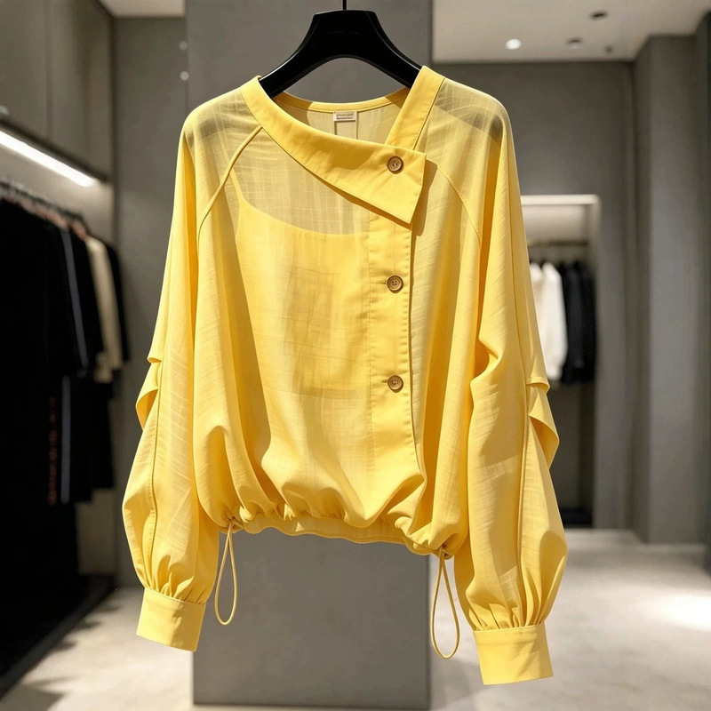 Light and Elegant Outfit: Yellow Diagonal V-Neck Plus-Size Shirt for Women, 2026 Summer New Style, Light Luxury Drawstring Lantern Sleeve Top Light and Elegant Outfit: Yellow Diagonal V-Neck Plus-Size Shirt for Women, 2026 Summer New Style, Light Luxury Drawstring Lantern Sleeve Top