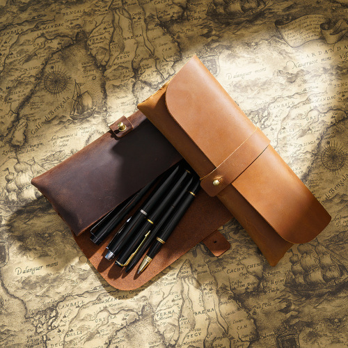 First-layer cowhide vintage Korean-style pencil case, minimalist Instagram-worthy trendy design, large-capacity leather stationery box perfect for Japanese-style elementary and middle school students.