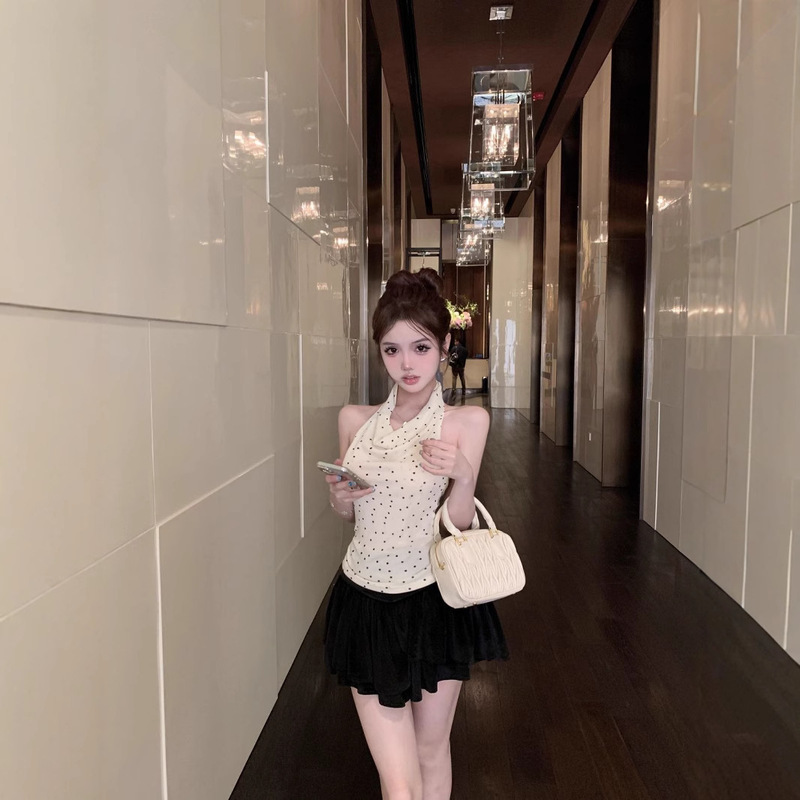 [Direct Delivery from the Source Manufacturer] Lace Splicing Beautiful Back Swing Collar Halter Neck Polka Dot Inner Sleeveless Top