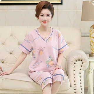 可外穿睡衣女夏季棉质短袖七分裤中老年妈妈凉感加大码家居服套装