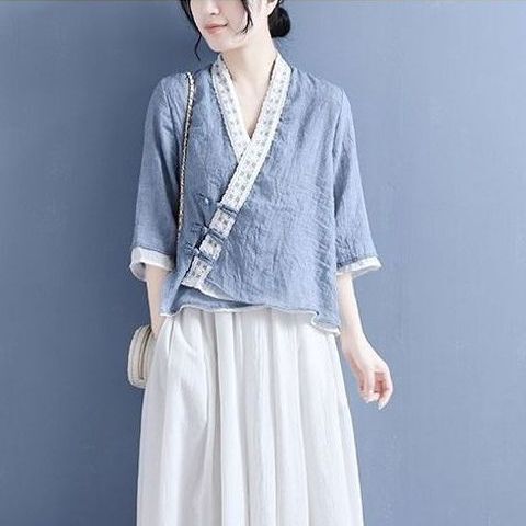 Women's Three-Quarter Sleeve Shirt, Spring and Autumn Republic of China Style Top, Lace Diagonal Collar, Buttoned Cotton, Summer Retro Tea Dress
