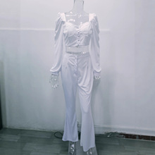 跨境独立站欧美外贸女装2025冬季休闲宫廷风灯笼袖上衣喇叭裤套装