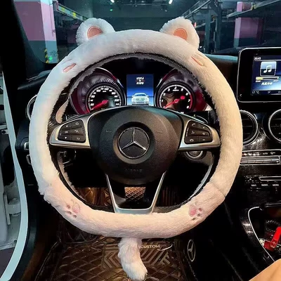 Car steering wheel cover winter: Steering wheel cover - pink-cat-steering-wheel-d-shape-38cm